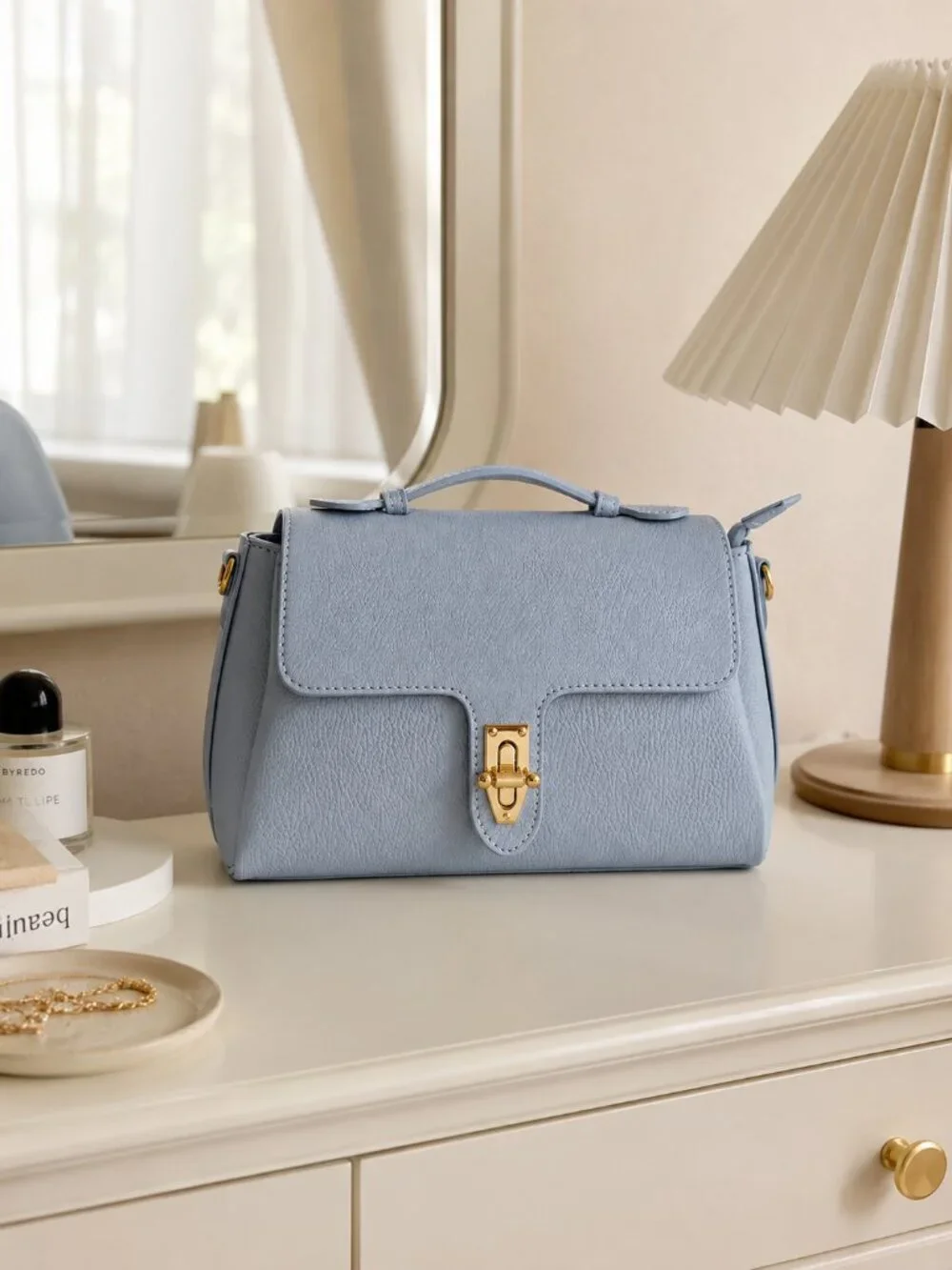 Powder Blue Italian Leather Structured Satchel Bag, Top Handle Purse